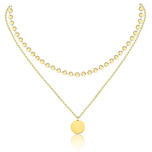 AFSTALR Damen Layered Kette Gold Plättchen Kette Doppel Multilayer Halskette mit Coin Runden Anhänger von AFSTALR