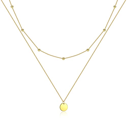 AFSTALR Damen Layered Kette Gold Plättchen Kette Doppel Multilayer Halskette mit Coin Runden Anhänger von AFSTALR
