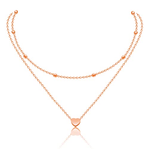 AFSTALR Damen Layered Kette Rosegold Multilayer Halskette Doppelkette für Frauen Kugelkette mit Herz von AFSTALR