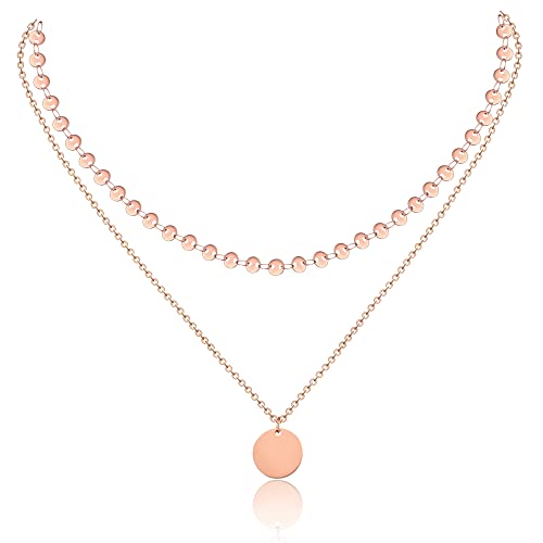 AFSTALR Geschenke für Mama Damen Layered Kette Rosegold Plättchen Kette Doppel Multilayer Halskette mit Coin Runden Anhänger Muttertagsgeschenk von AFSTALR