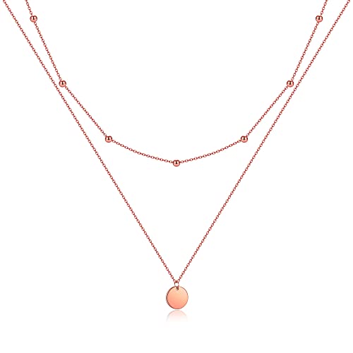 AFSTALR Damen Layered Kette Rosegold Plättchen Kette Doppel Multilayer Halskette mit Coin Runden Anhänger von AFSTALR