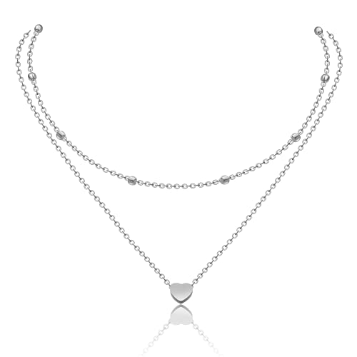 AFSTALR Damen Layered Kette Silber Multilayer Halskette Doppelkette für Frauen Kugelkette mit Herz von AFSTALR