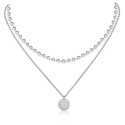 AFSTALR Geschenke für Mama Damen Layered Kette mit Runder Plättchen, Hochwertige Edelstahl Ketten in Silber, Multi Layer geeignet Muttertagsgeschenk von AFSTALR