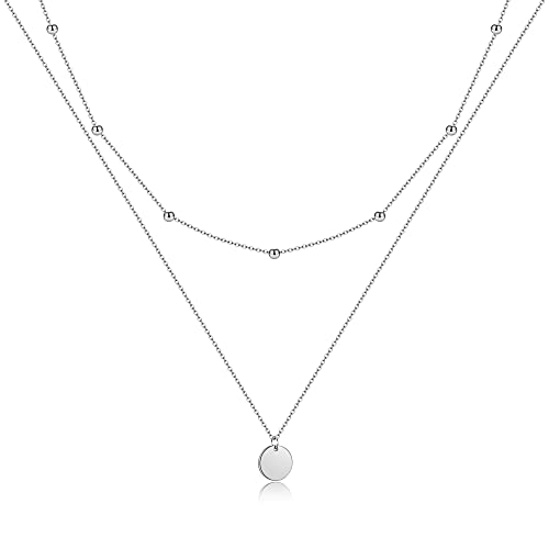 AFSTALR Damen Layered Kette Silber Plättchen Kette Doppel Multilayer Halskette mit Coin Runden Anhänger von AFSTALR