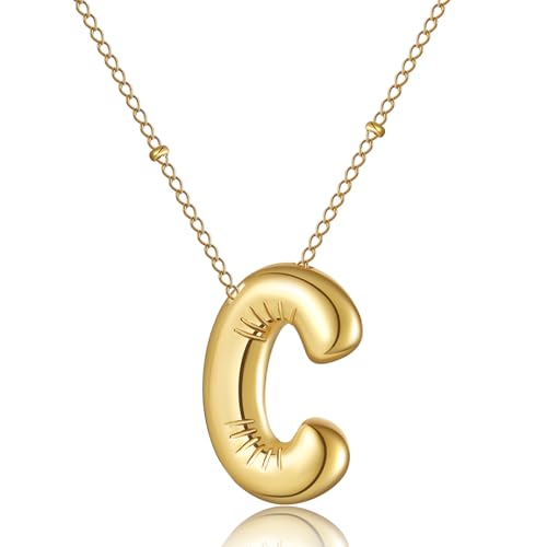 AFSTALR Damen bubble buchstaben kette Gold C Ballon halskette mit initial Anhänger Blase Schmuck 45+5cm von AFSTALR