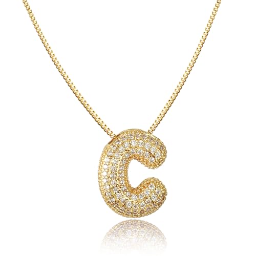 AFSTALR Damen bubble buchstaben kete Gold C ice out Balon halskette mit initial Anhanger Blase Schmuck 45+5cm von AFSTALR