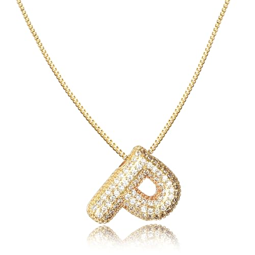 AFSTALR Damen bubble buchstaben kete Gold P ice out Balon halskette mit initial Anhanger Blase Schmuck 45+5cm von AFSTALR