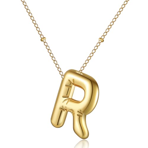 AFSTALR Damen bubble buchstaben kette Gold R Ballon halskette mit initial Anhänger Blase Schmuck 45+5cm von AFSTALR