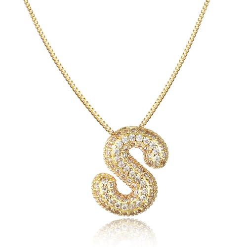 AFSTALR Damen bubble buchstaben kete Gold S ice out Balon halskette mit initial Anhanger Blase Schmuck 45+5cm von AFSTALR
