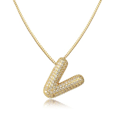 AFSTALR Damen bubble buchstaben kete Gold V ice out Balon halskette mit initial Anhanger Blase Schmuck 45+5cm von AFSTALR