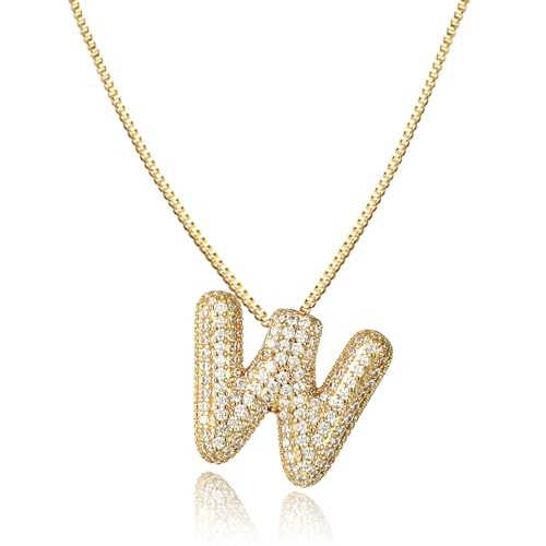 AFSTALR Damen bubble buchstaben kete Gold W ice out Balon halskette mit initial Anhanger Blase Schmuck 45+5cm von AFSTALR