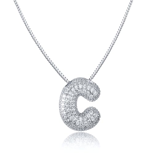 AFSTALR Damen bubble buchstaben kete Silber C ice out Balon halskette mit initial Anhanger Blase Schmuck 45+5cm von AFSTALR