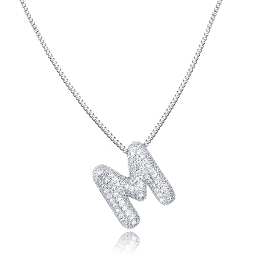 AFSTALR Damen bubble buchstaben kette Silber M ice out Ballon halskette mit initial Anhänger Blase Schmuck 45+5cm von AFSTALR