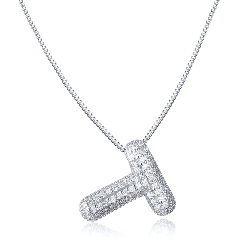 AFSTALR Damen bubble buchstaben kete Silber T ice out Balon halskette mit initial Anhanger Blase Schmuck 45+5cm von AFSTALR