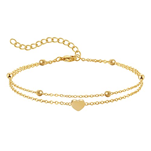 AFSTALR Fußkette Damen Fusskette Edelstahl Herz Layered Anhängern Silber Doppel-Fußkettchen Für Damen Edelstahl Verstellbare Fußschmuck Coin Fußkette Für Damen 丨Gold von AFSTALR