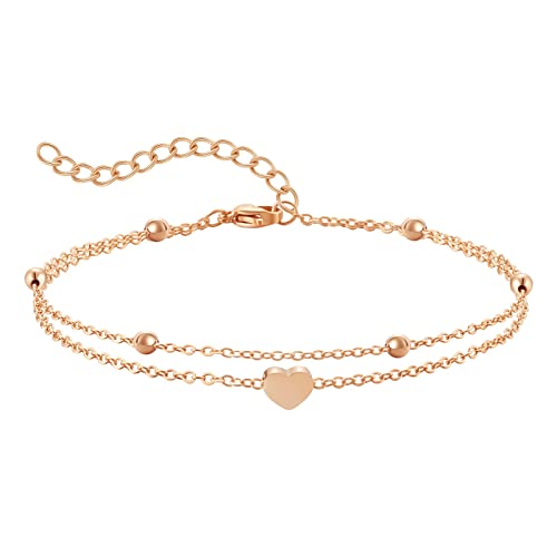AFSTALR Fußkette Damen Fusskette Edelstahl Herz Layered Anhängern Silber Doppel-Fußkettchen Für Damen Edelstahl Verstellbare Fußschmuck Coin Fußkette Für Damen 丨Roségold von AFSTALR
