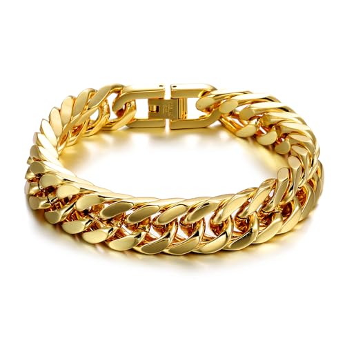 AFSTALR Gold Armband Herren Edelstahl Armbänder Panzerkette 12mm Breite Glatt Kubanische Cuban Armreif Men's Bracelets Schmuck Jewellery Geschenk für Männer Jungen 18cm von AFSTALR
