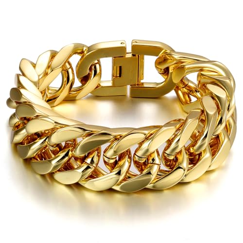 AFSTALR Gold Armband Herren Edelstahl Armbänder Panzerkette 17mm Breite Glatt Kubanische Cuban Armreif Men's Bracelets Schmuck Jewellery Geschenk für Männer Jungen 22cm von AFSTALR