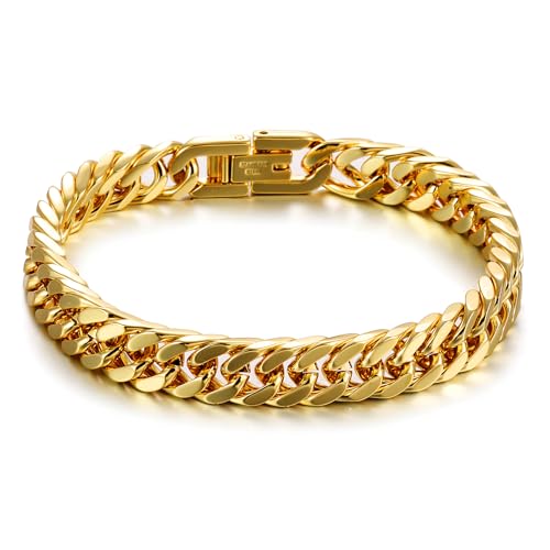 AFSTALR Gold Armband Herren Edelstahl Armbänder Panzerkette 8mm Breite Glatt Kubanische Cuban Armreif Men's Bracelets Schmuck Jewellery Geschenk für Männer Jungen 18cm von AFSTALR