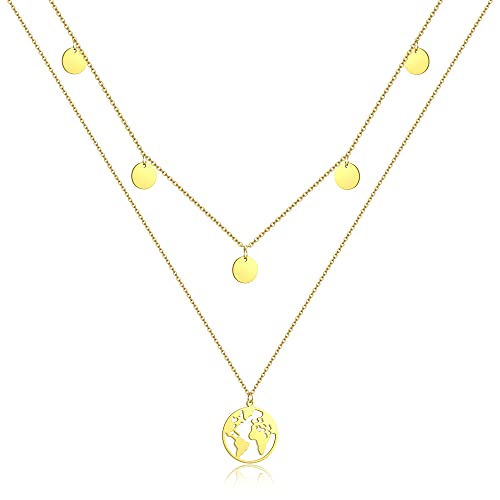 AFSTALR Gold Welt Kette Damen Welt Anhänger Halskette Frauen Doppel Kette Weltkugel Multilayer Kette mit 5 Coin von AFSTALR