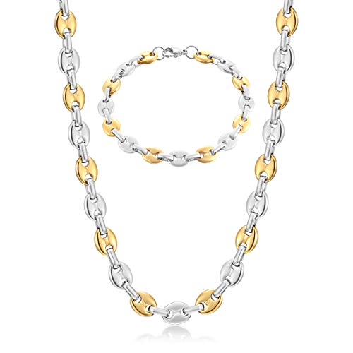 AFSTALR Halskette Herren Edelstahl 9mm Kaffeebohne Kette Armband Set für Männer SilberGold 51CM Hip Hop Halskette Plattenkette für Herren von AFSTALR