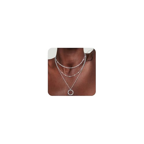 AFSTALR Layering Kette Damen 3PCS Mehrreihige Halskette Silber mit Kreis Gedrehtem Anhänger Edelstahl Choker Necklace Wasserfest Schmuck Geschenke für Frauen Mädchen von AFSTALR