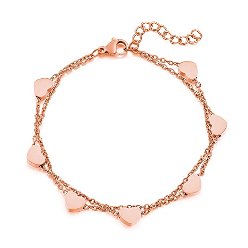 AFSTALR Rosegold Herzen Doppelt Armkette Armband Damen Layered Armband für Frauen Herz Armbänder mit Herz Anhängern Einstellbar Armkette Edelstahl Bracelet für Frau von AFSTALR