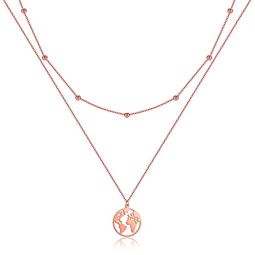 AFSTALR Rosegold Welt Kette Damen Welt Anhänger Halskette Frauen Doppel Kette Weltkugel Multilayer Kette mit Perlen von AFSTALR