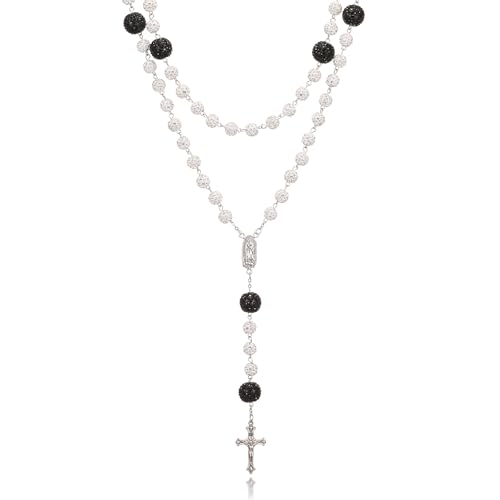 AFSTALR Rosenkranz Kette Strasssteine Weiße Schwarz Farbkugeln Rosary für Damen Rosenkranzperlen Halskette mit Jungfrau Maria und Kreuz Anhänger Gebetskette Necklace für Taufe Hochzeit Kommunion Party AFSTALR Rosenkranz Kette Strasssteine Weiße Schwarz Farbkugeln Rosary für Damen Rosenkranzperlen Halskette mit Jungfrau Maria und Kreuz Anhänger Gebetskette Necklace für Taufe Hochzeit Kommunion Party von AFSTALR