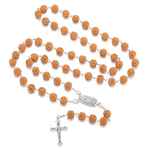 AFSTALR Rosenkranz Kette mit Strasssteine Braun Rosary für Damen Rosenkranzperlen Halskette mit Jungfrau Maria und Kreuz Anhänger Gebetskette Necklace für Taufe Hochzeit Kommunion Party von AFSTALR