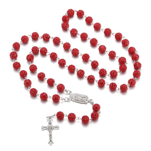 AFSTALR Rosenkranz Kette mit Strasssteine Rot Rosary für Damen Rosenkranzperlen Halskette mit Jungfrau Maria und Kreuz Anhänger Gebetskette Necklace für Taufe Hochzeit Kommunion Party von AFSTALR