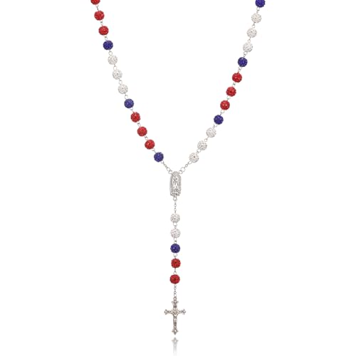 AFSTALR Rosenkranz Kette mit Strasssteine Weiß Dunkelblau Rot Rosary für Damen Rosenkranzperlen Halskette mit Jungfrau Maria und Kreuz Anhänger Gebetskette Necklace für Taufe Hochzeit Kommunion Party von AFSTALR