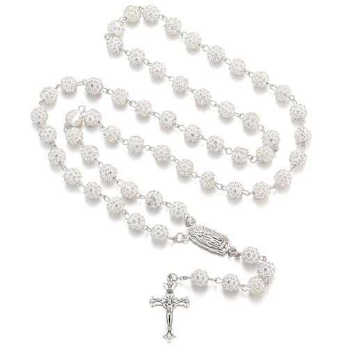 AFSTALR Rosenkranz Kette mit Strasssteine Weiß Rosary für Damen Rosenkranzperlen Halskette mit Jungfrau Maria und Kreuz Anhänger Gebetskette Necklace für Taufe Hochzeit Kommunion Party von AFSTALR
