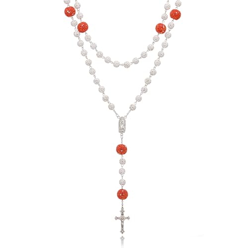 AFSTALR Rosenkranz Kette mit Strasssteine Weiß & Rote Kugeln Rosary für Damen Rosenkranzperlen Halskette mit Jungfrau Maria und Kreuz Anhänger Gebetskette Necklace für Taufe Hochzeit Kommunion Party von AFSTALR