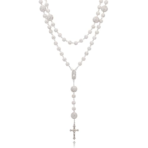 AFSTALR Rosenkranz Kette mit Strasssteine Weiße Kugeln Rosary für Damen Rosenkranzperlen Halskette mit Jungfrau Maria und Kreuz Anhänger Gebetskette Necklace für Taufe Hochzeit Kommunion Party von AFSTALR