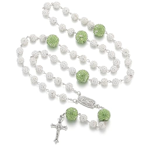 AFSTALR Rosenkranz Kette mit Strasssteine Weiße & Grüne Rosary für Damen Rosenkranzperlen Halskette mit Jungfrau Maria und Kreuz Anhänger Gebetskette Necklace für Taufe Hochzeit Kommunion Party von AFSTALR
