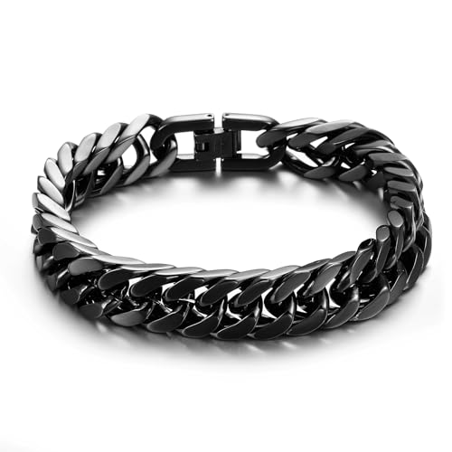 AFSTALR Schwarz Armband Herren Edelstahl Armbänder Panzerkette 12mm Breite Glatt Kubanische Cuban Armreif Men's Bracelets Schmuck Jewellery Geschenk für Männer Jungen 22cm von AFSTALR