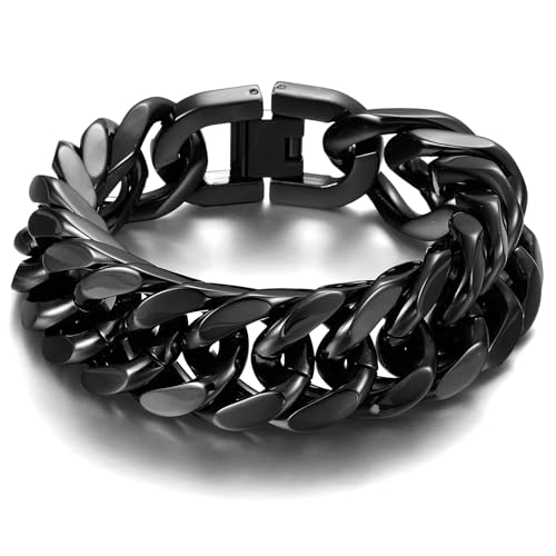 AFSTALR Schwarz Armband Herren Edelstahl Armbänder Panzerkette 17mm Breite Glatt Kubanische Cuban Armreif Men's Bracelets Schmuck Jewellery Geschenk für Männer Jungen 18cm von AFSTALR
