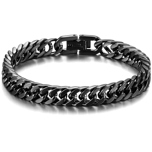AFSTALR Schwarz Armband Herren Edelstahl Armbänder Panzerkette 8mm Breite Glatt Kubanische Cuban Armreif Men's Bracelets Schmuck Jewellery Geschenk für Männer Jungen 22cm von AFSTALR