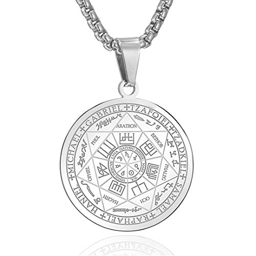 AFSTALR Halskette Herren 7 Erzengel Siegel Medaille Talisman Siegel der Sieben Erzengel Amulett Ketten Anhänger Edelstahl Solomon Schmuck für Herren Männer Argent von AFSTALR