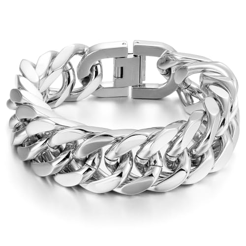 AFSTALR Silber Armband Herren Edelstahl Armbänder Panzerkette 17mm Breite Glatt Kubanische Cuban Armreif Men's Bracelets Schmuck Jewellery Geschenk für Männer Jungen 22cm von AFSTALR