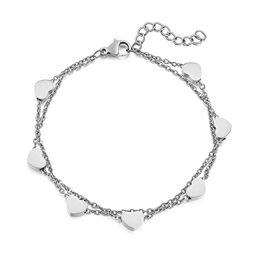 AFSTALR Silber Herzen Doppelt Armkette Armband Damen Layered Armband für Frauen Herz Armbänder mit Herz Anhängern Einstellbar Armkette Edelstahl Bracelet für Frau von AFSTALR