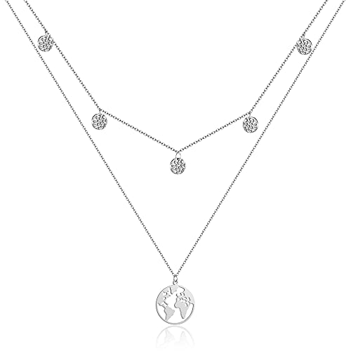 AFSTALR Silber Welt Kette Damen Welt Anhänger Halskette Frauen Doppel Kette Weltkugel Multilayer Kette mit 5 Muster Coin von AFSTALR