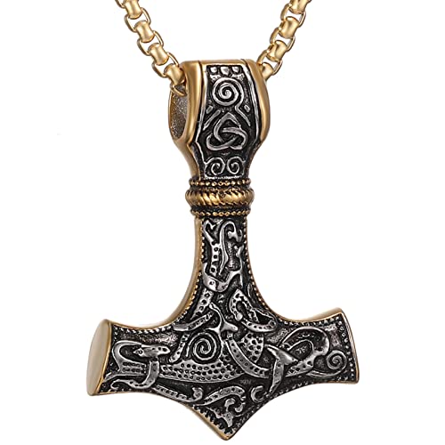 AFSTALR Wikinger Schmuck Herren Halskette Thors Hammer Halskette - Nordische Mythologie Mjolnir Wikinger Runen Hammer Edelstahl kette Viking Geschenke für Männer 60cm Gold von AFSTALR