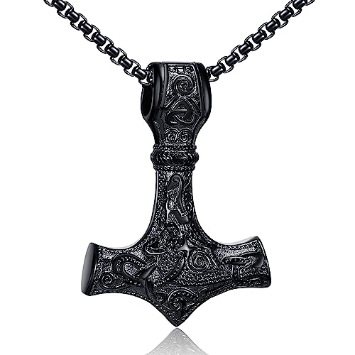 AFSTALR Wikinger Schmuck Herren Halskette Thors Hammer Halskette - Nordische Mythologie Mjolnir Wikinger Runen Hammer Edelstahl kette Viking Geschenke für Männer 70cm Schwarze von AFSTALR