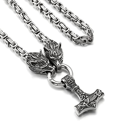 AFSTALR Wikinger Schmuck Herren Wolfskopf Halskette Thors Hammer Halskette - Nordische Mythologie Mjolnir Wikinger Runen Hammer Edelstahl kette Viking Geschenke für Männer 50cm Silber von AFSTALR