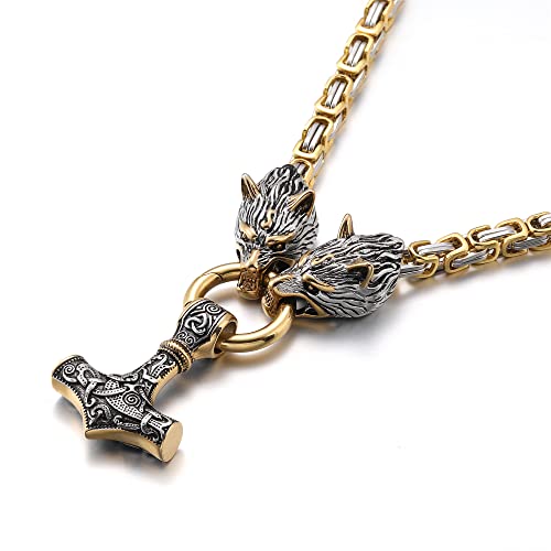 AFSTALR Wikinger Schmuck Herren Wolfskopf Halskette Thors Hammer Halskette - Nordische Mythologie Mjolnir Wikinger Runen Hammer Edelstahl kette Viking Geschenke für Männer 60cm Gold von AFSTALR