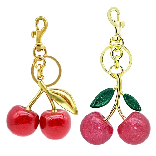 AFUNTA 2 Stück Kirsch-Schlüsselanhänger, helle Kirschtaschen-Anhänger, niedlich, Auto-Schlüsselanhänger, glitzernde Harz- und Metallornamente, Schlüsselanhänger für Taschen und Geldbörsen, 红色 von AFUNTA