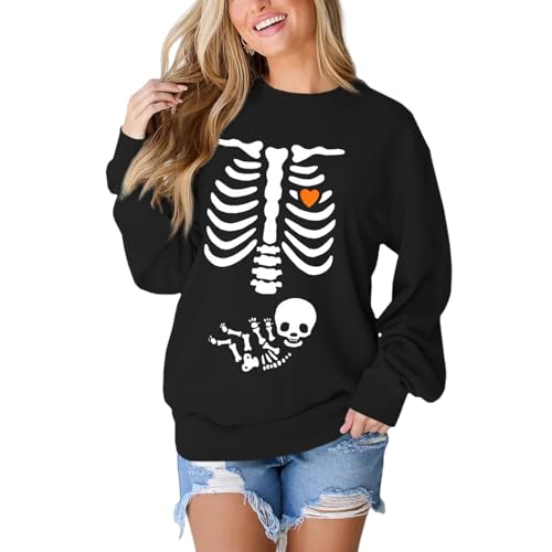 AG AGUU Frauen X-Ray Skelett Sweatshirt Halloween Umstands-Sweatshirts Rundhalsausschnitt Pullover Schwangerschaft Ankündigung Shirts Tops, Schwarz, L von AG AGUU