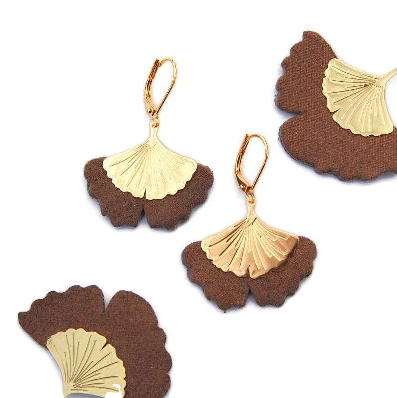 Ginkgo Biloba Ohrringe Aus Bronze Und Vergoldetem Samtleder - Geschenkidee Handgemachte Kreation Agatiz von AGATIZ
